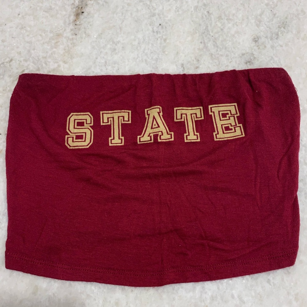 Florida State strapless garnet tube top with “state” written in gold size M
